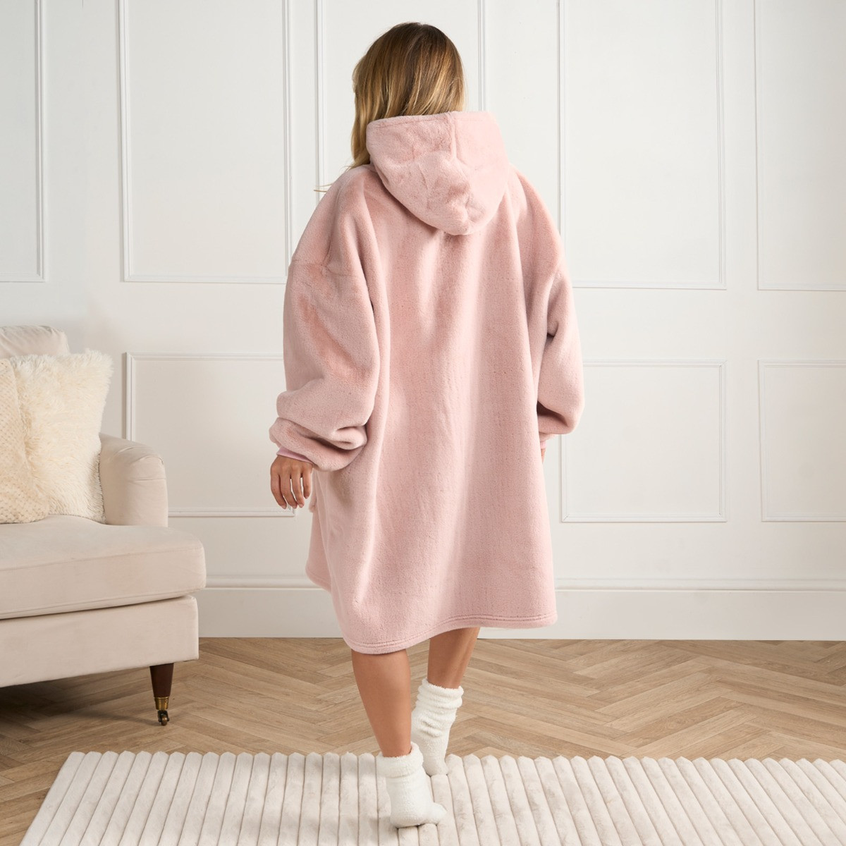 OHS Adults Faux Fur Hoodie Blanket - Blush>