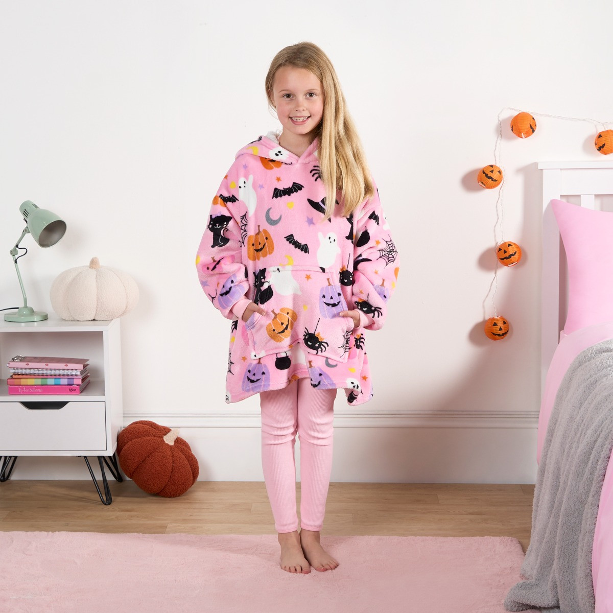 OHS Kids Halloween Pumpkin Print Hoodie Blanket - Pink >