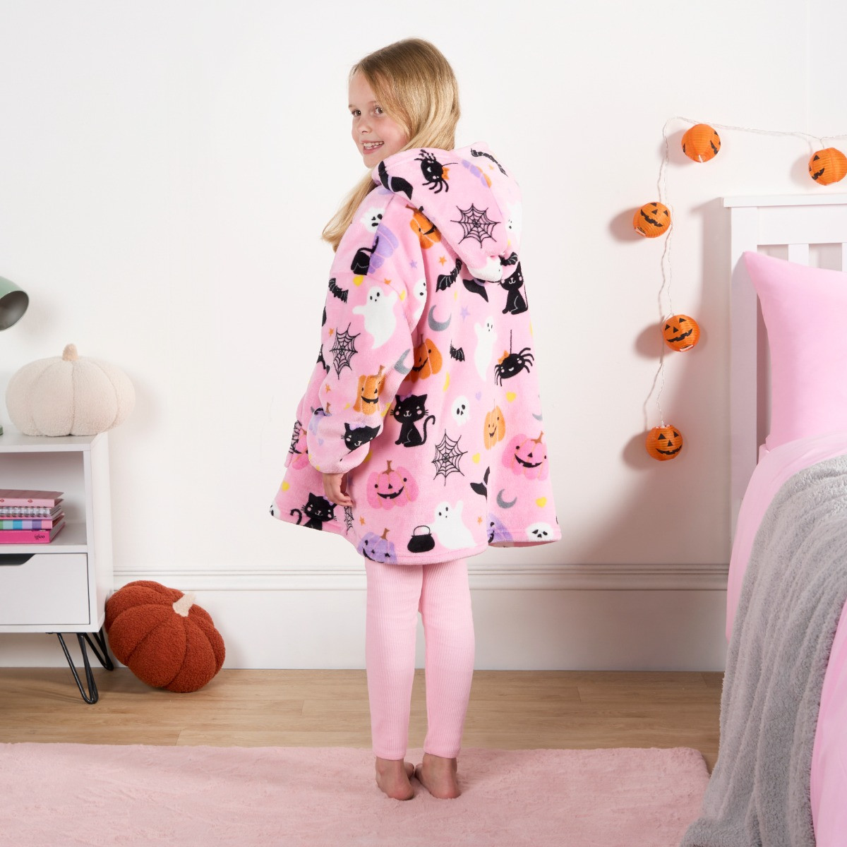 OHS Kids Halloween Pumpkin Print Hoodie Blanket - Pink >