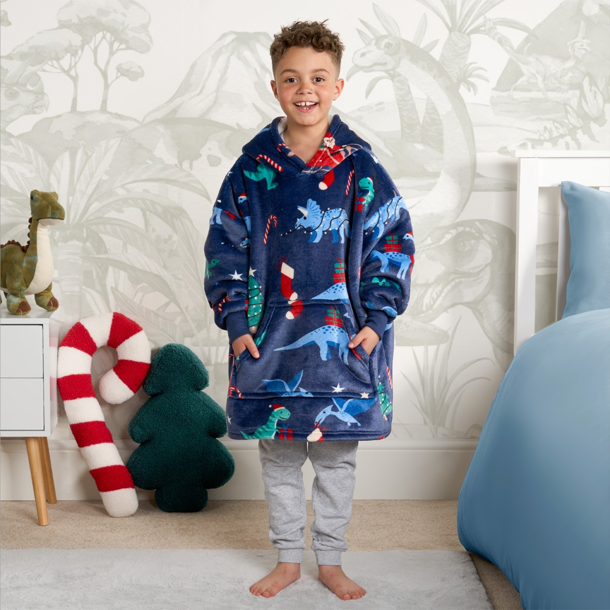 OHS Kids Christmas Dinosaur Print Hoodie Blanket - Navy>