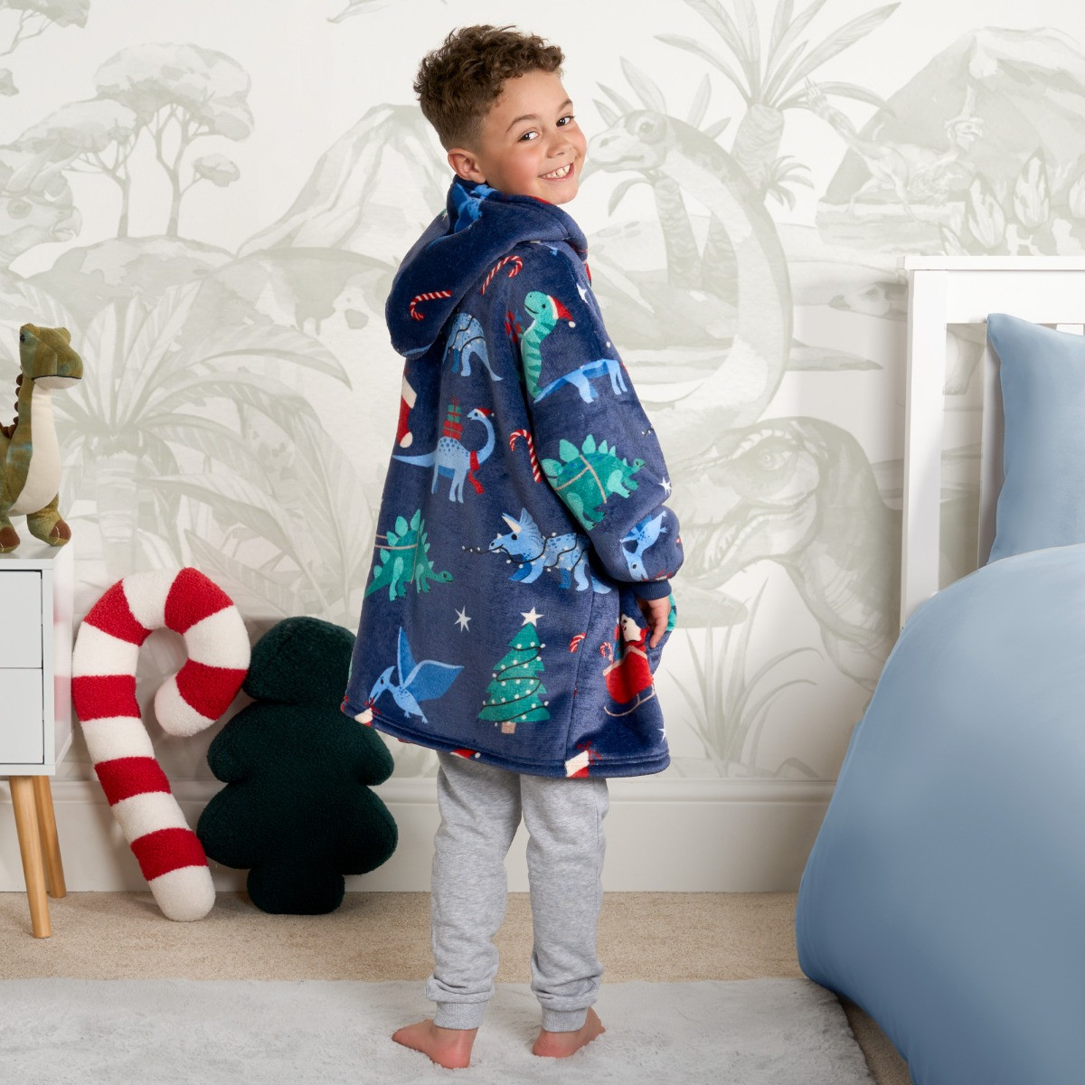 OHS Kids Christmas Dinosaur Print Hoodie Blanket - Navy>