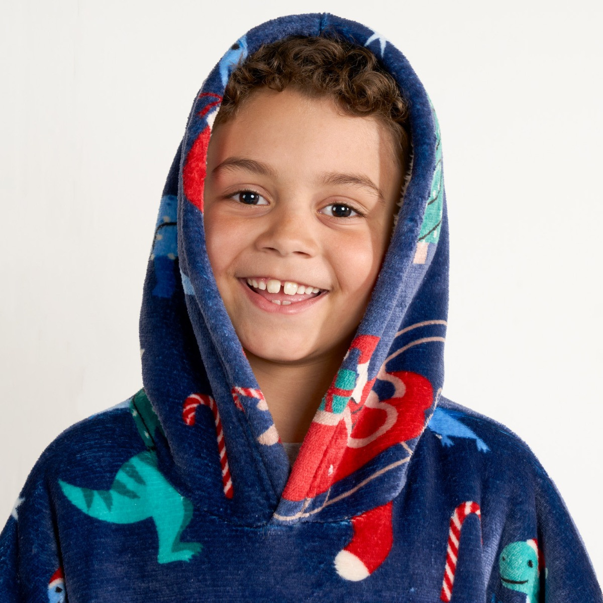 OHS Kids Christmas Dinosaur Print Hoodie Blanket - Navy>