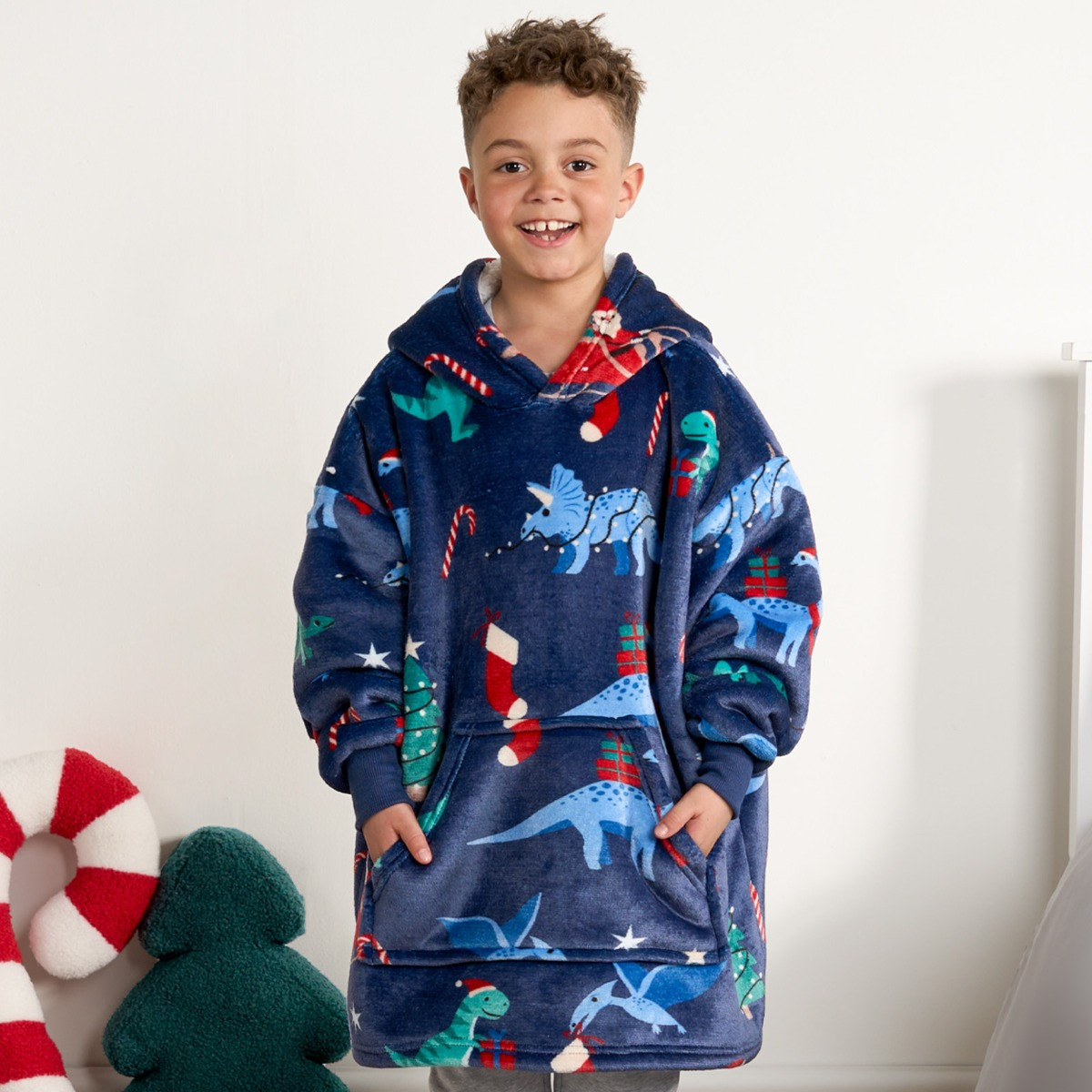 OHS Kids Christmas Dinosaur Print Hoodie Blanket - Navy>