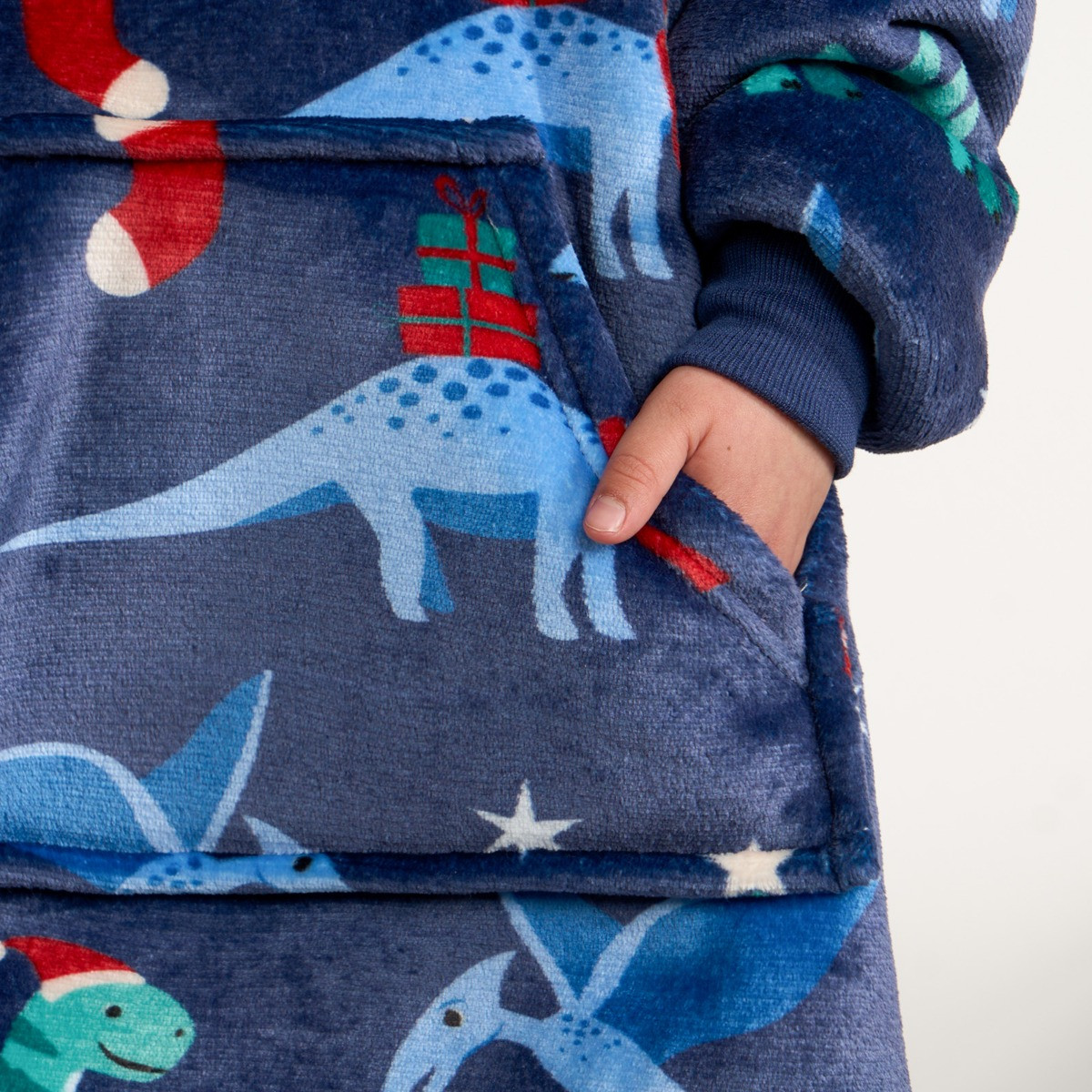 OHS Kids Christmas Dinosaur Print Hoodie Blanket - Navy>