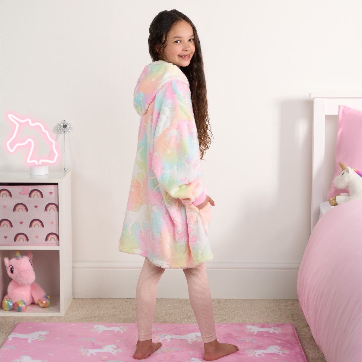 OHS Kids Glow In The Dark Unicorn Tie Dye Hoodie Blanket - Multi>