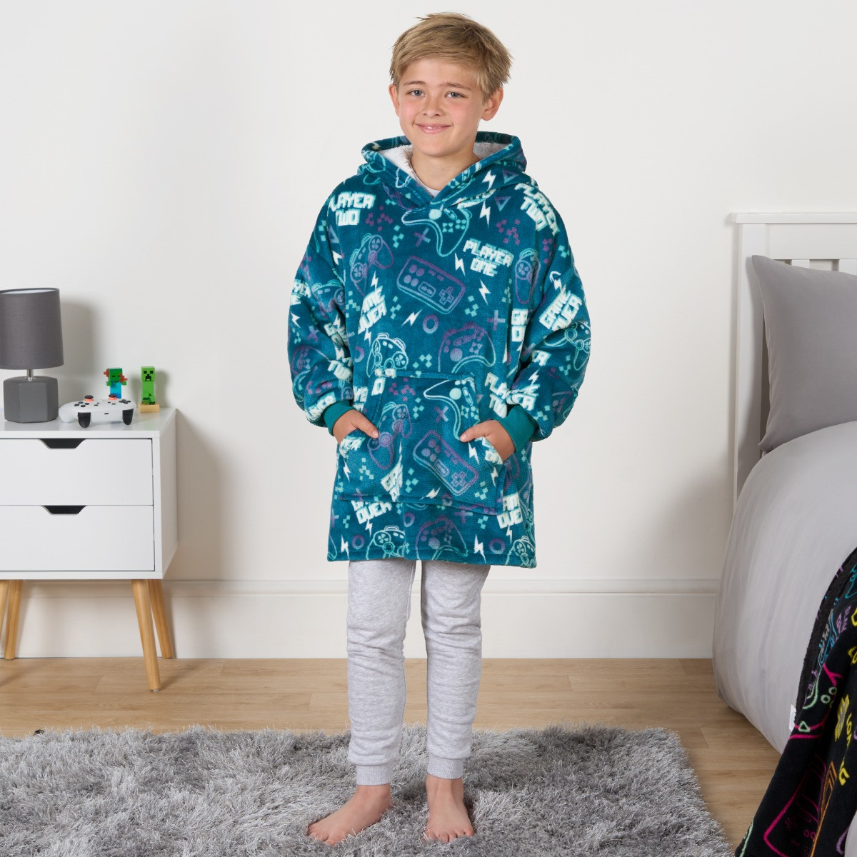 OHS Kids Gaming Print Hoodie Blanket - Teal Blue >