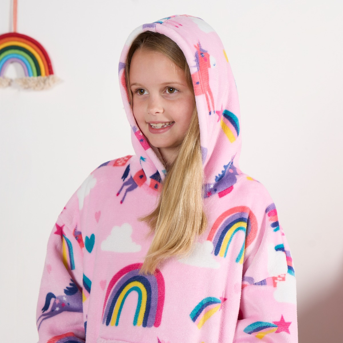 OHS Kids Unicorn & Rainbow Kingdom Print Hoodie Blanket - Pink >