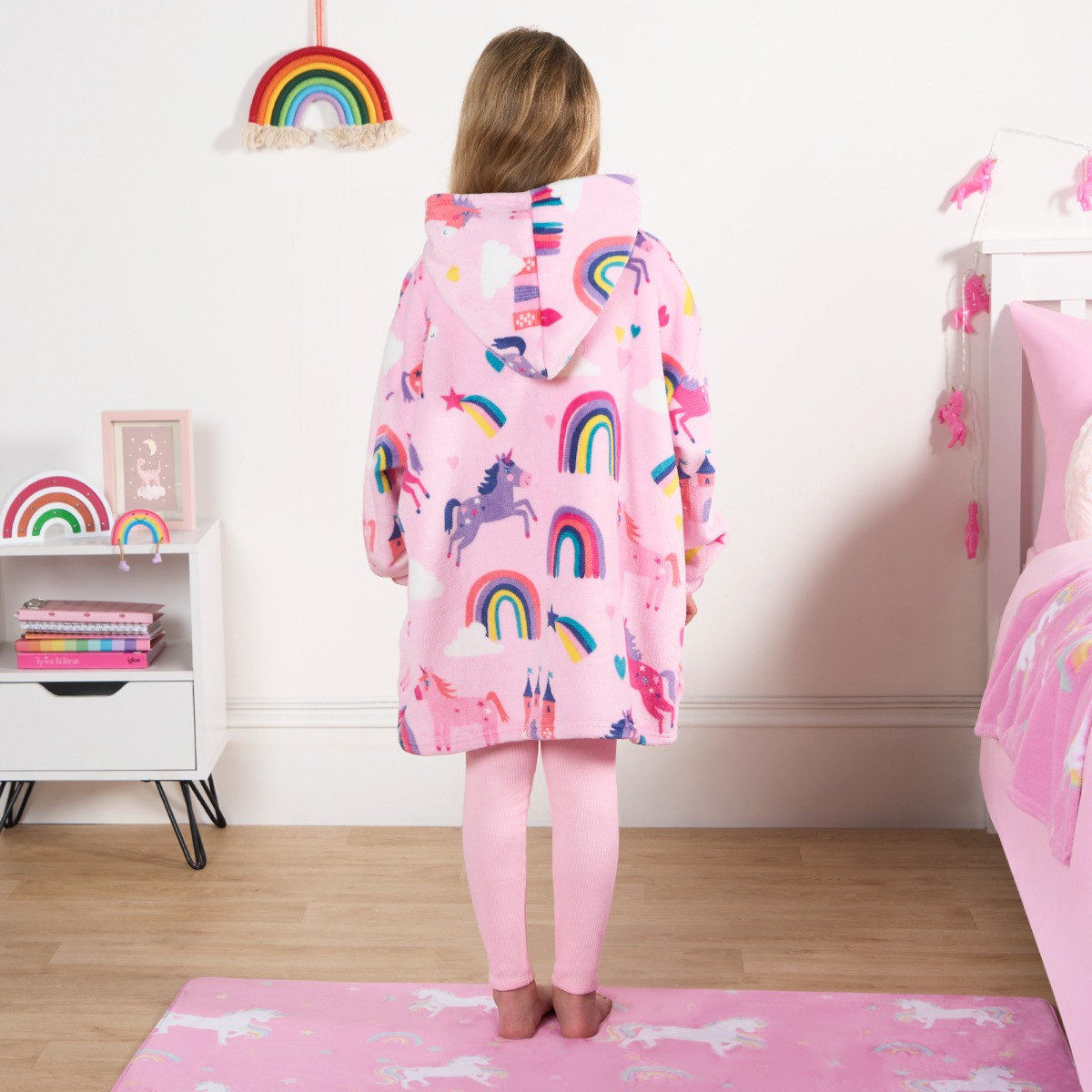 OHS Kids Unicorn & Rainbow Kingdom Print Hoodie Blanket - Pink >