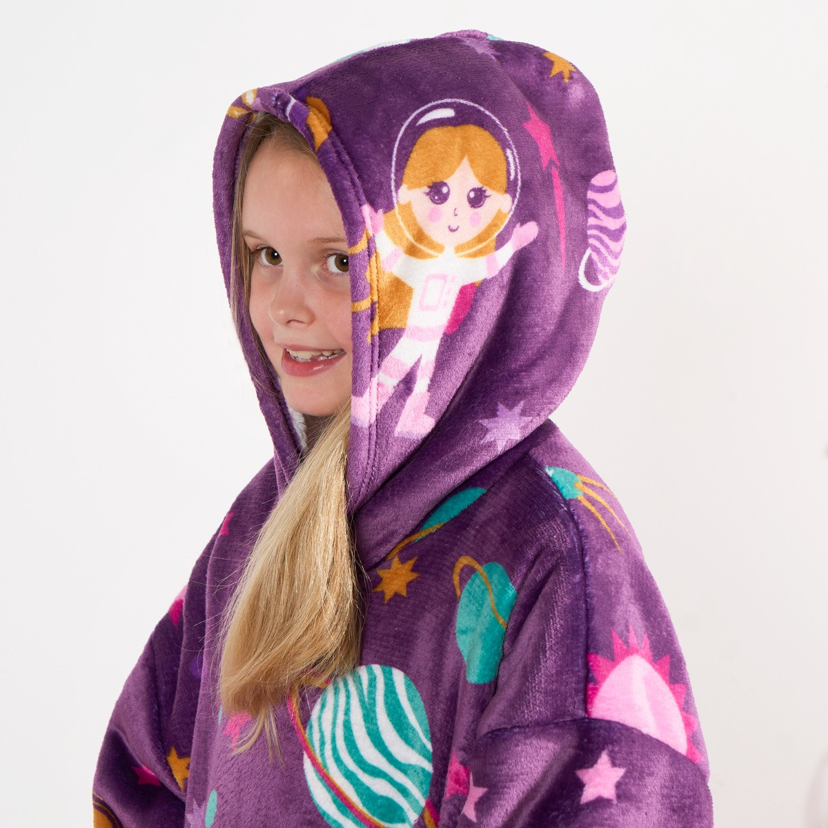 OHS Kids Girl Astronaut Space Print Hoodie Blanket - Purple >