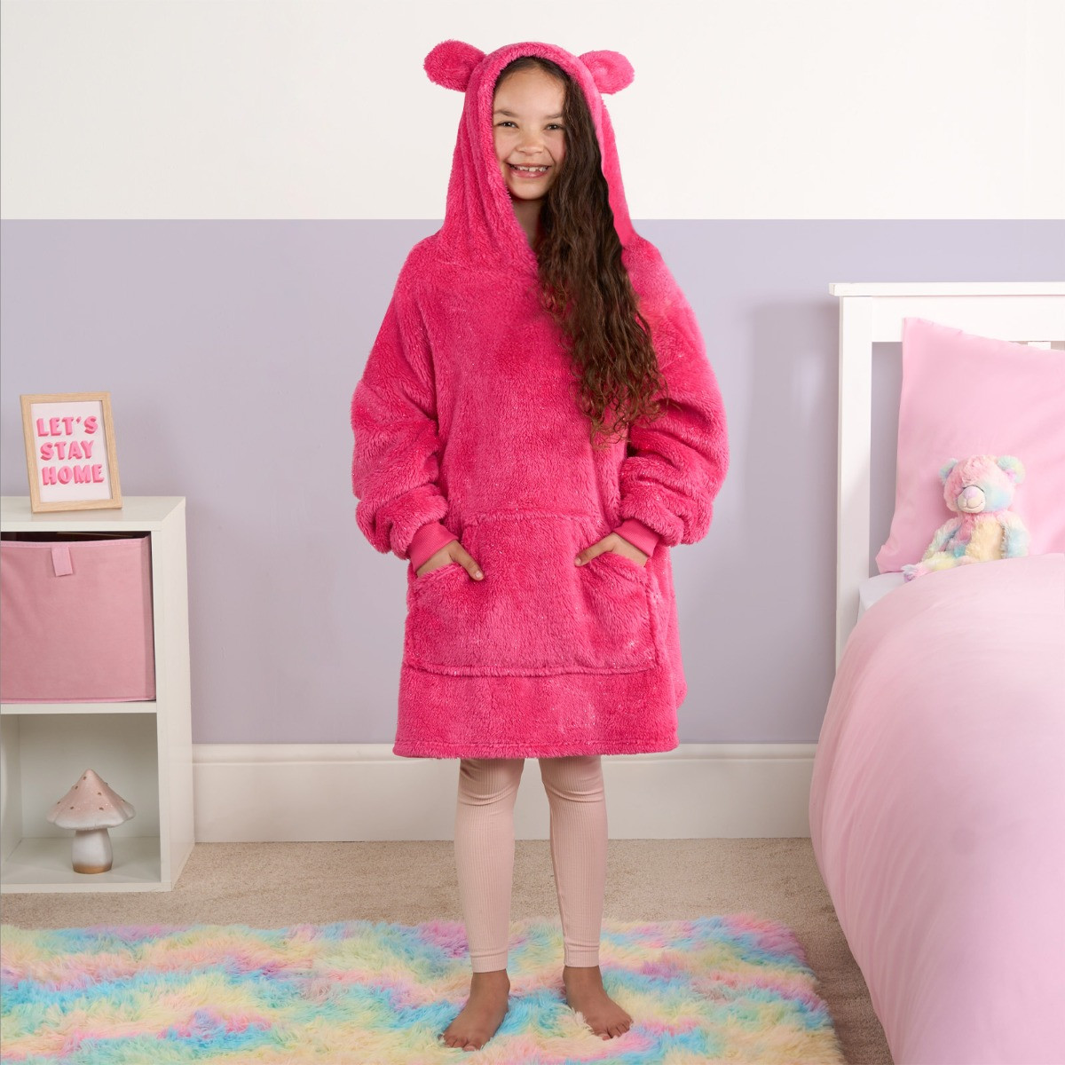 OHS Novelty Sparkly Teddy Bear Hoodie Blanket - Fuchsia >