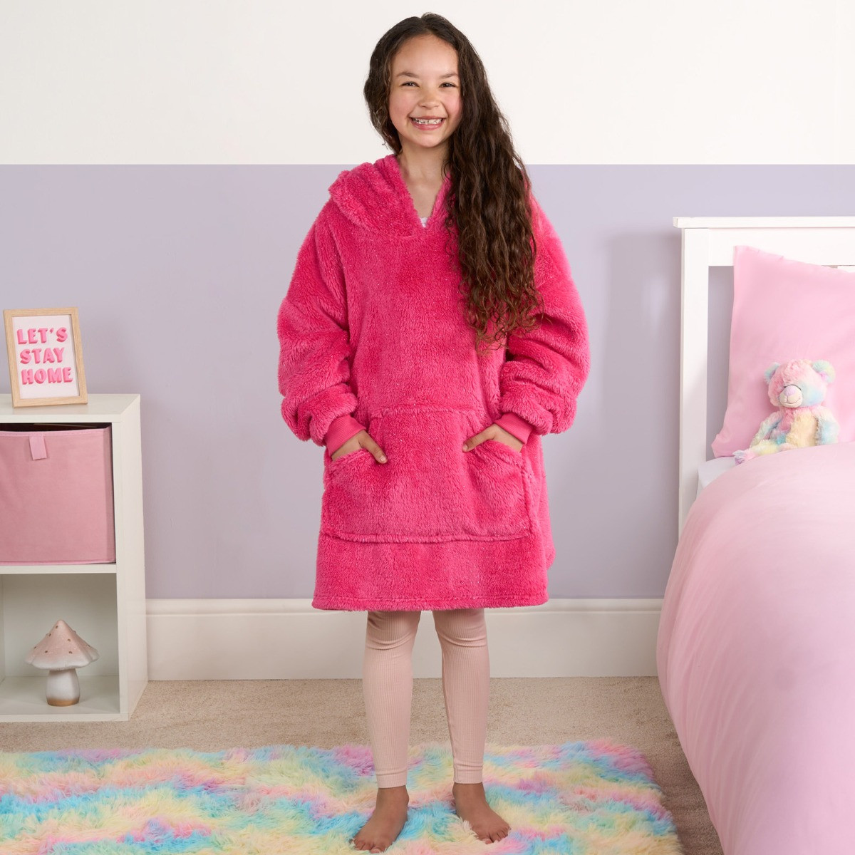 OHS Novelty Sparkly Teddy Bear Hoodie Blanket - Fuchsia >