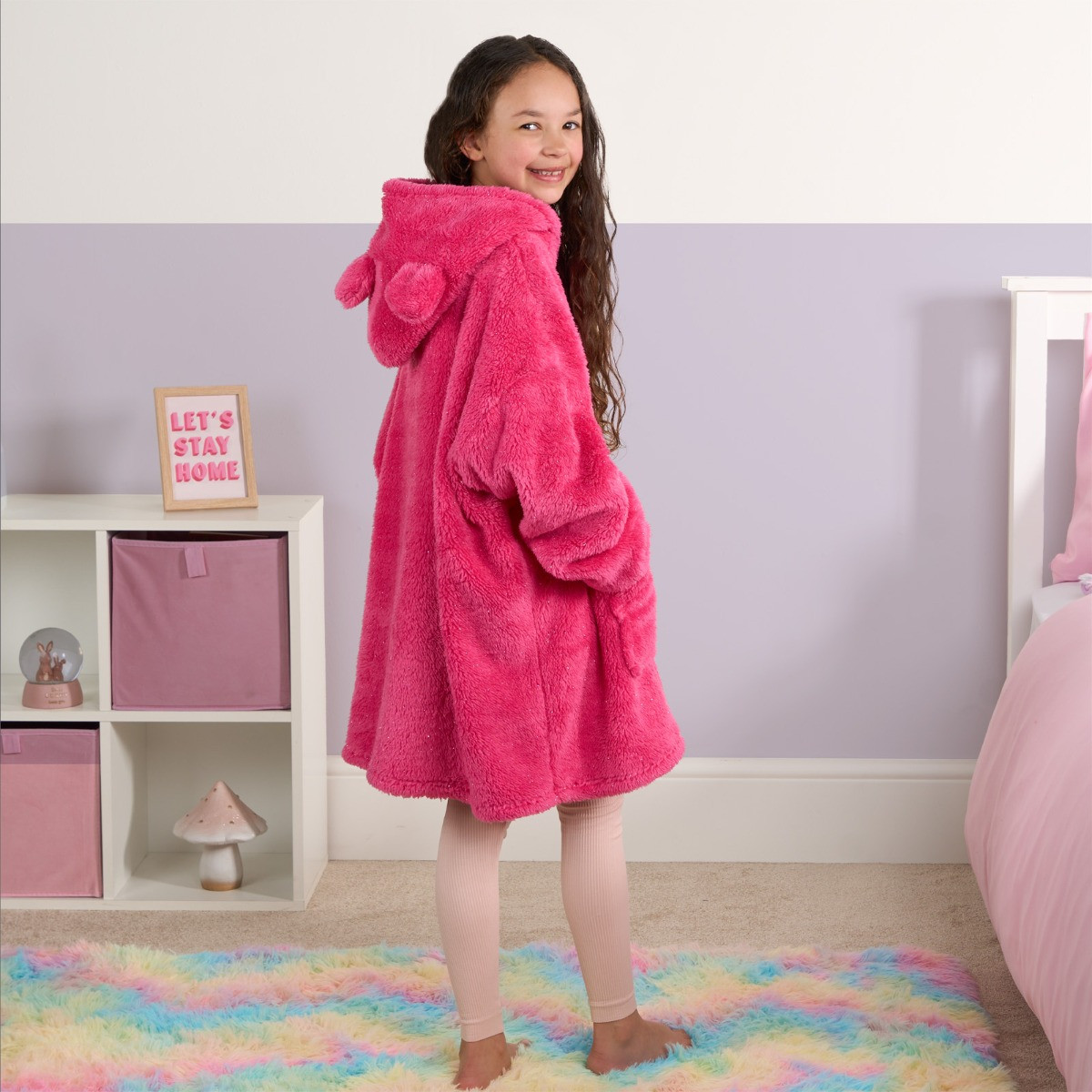 OHS Novelty Sparkly Teddy Bear Hoodie Blanket - Fuchsia >