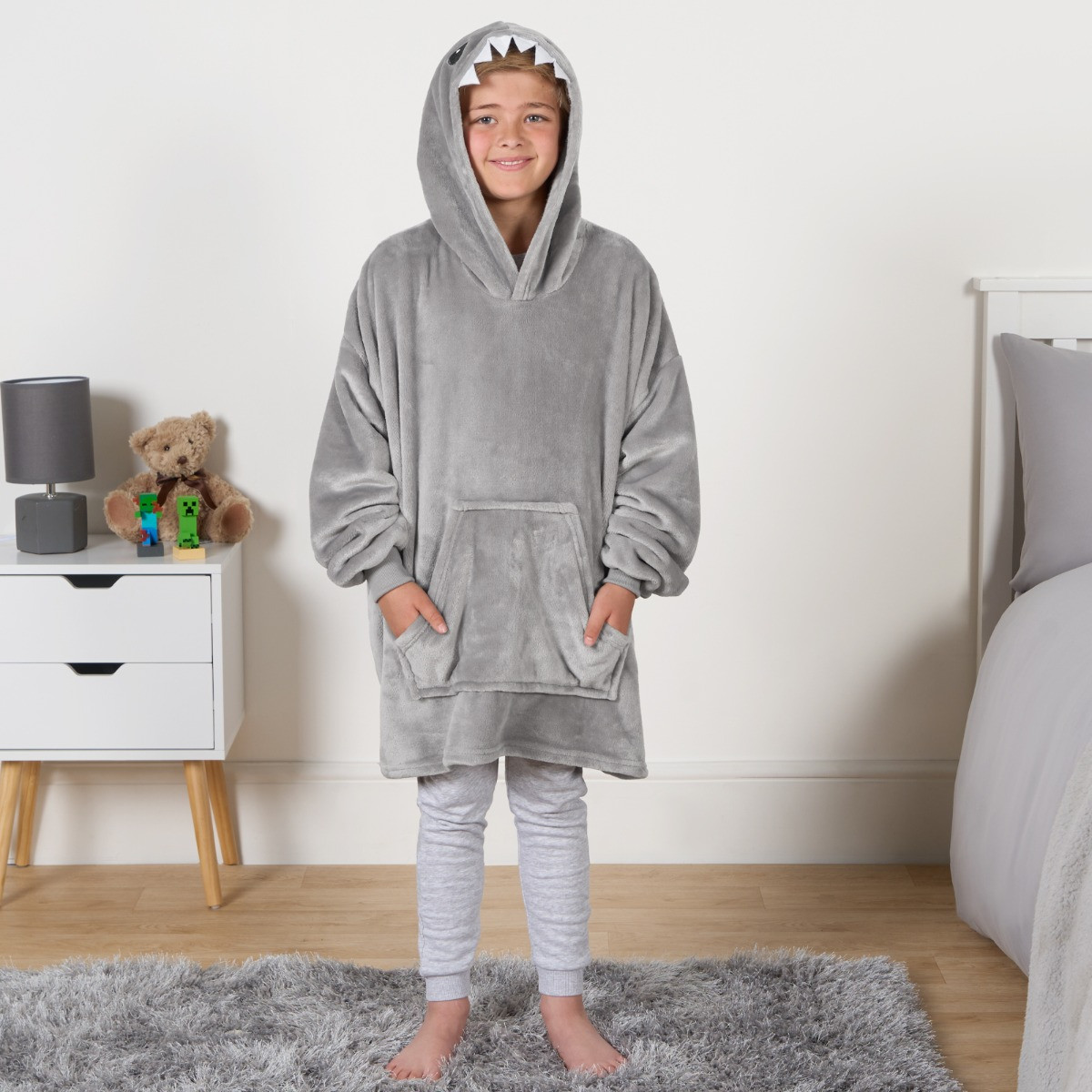 OHS Kids Novelty Shark Tooth Hoodie Blanket - Grey>