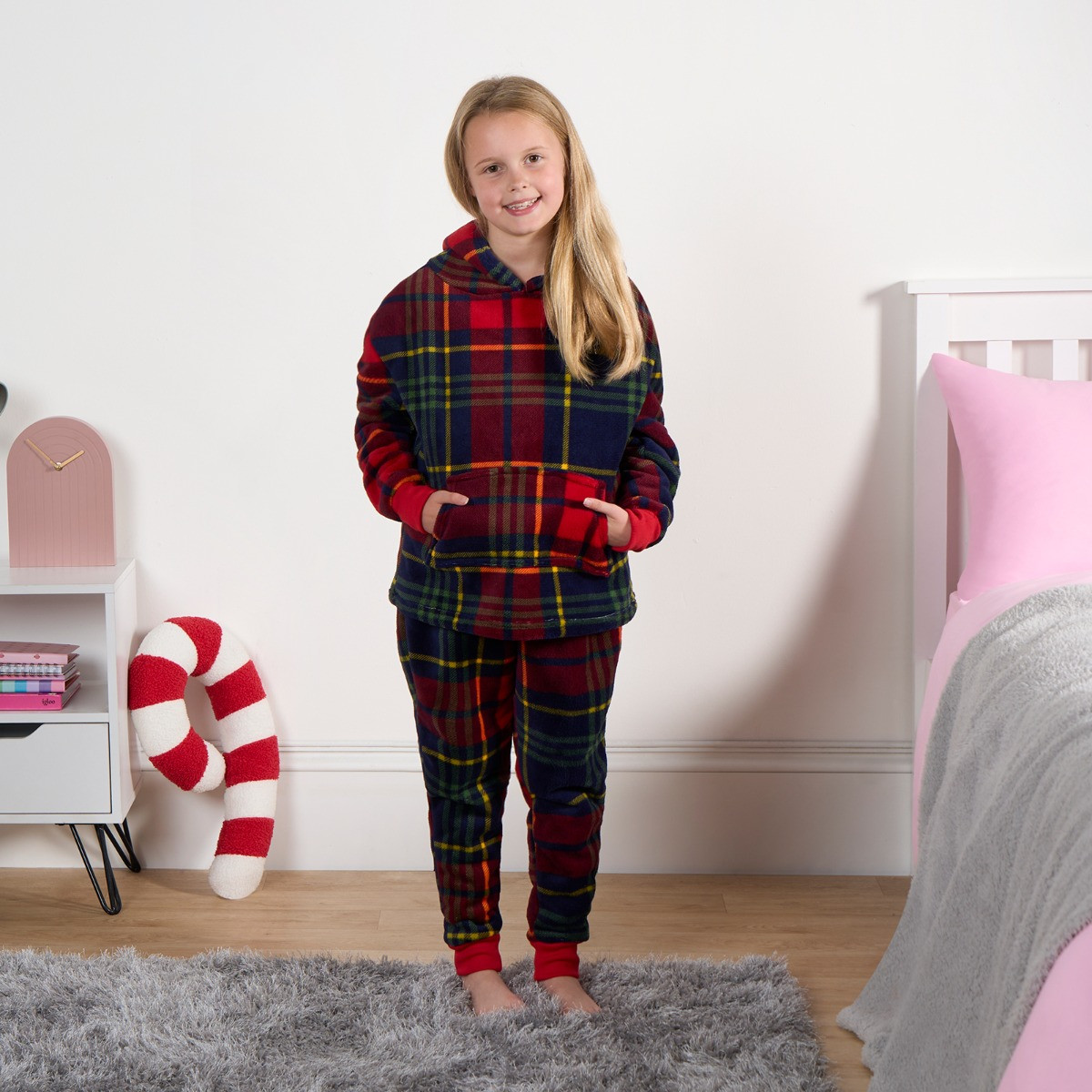 OHS Kids Oxford Check Fleece Hoodie Pyjama Set - Navy/Red >