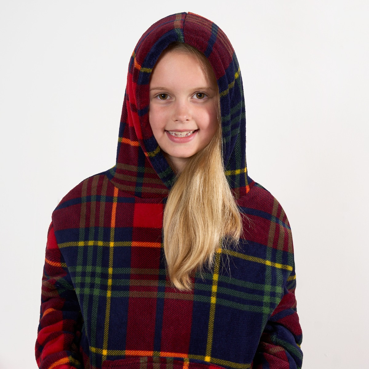 OHS Kids Oxford Check Fleece Hoodie Pyjama Set - Navy/Red >