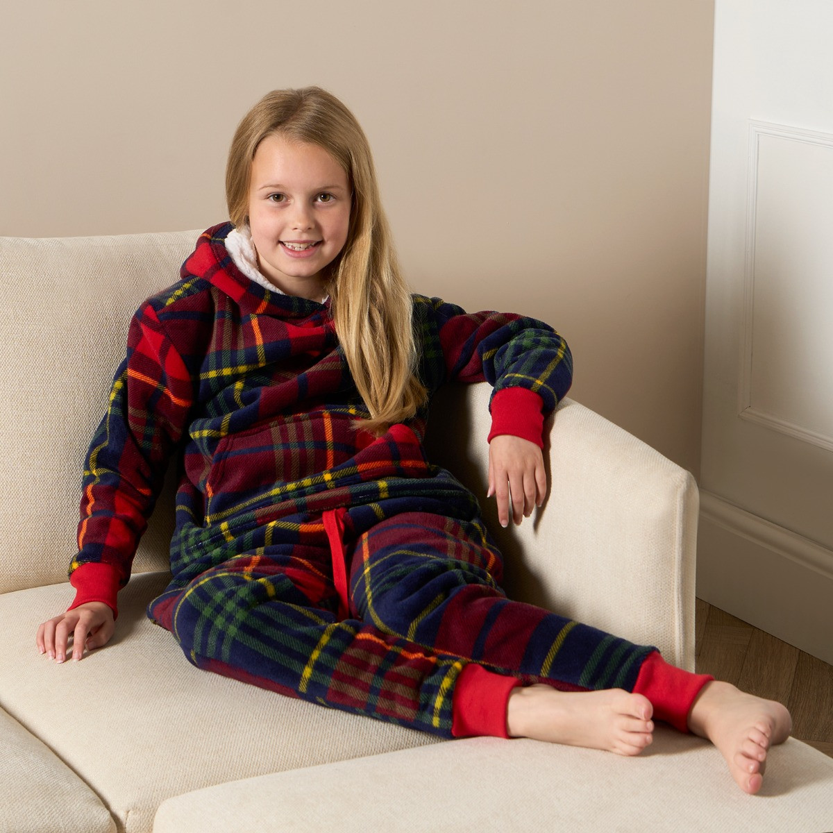 OHS Kids Oxford Check Fleece Hoodie Pyjama Set - Navy/Red >