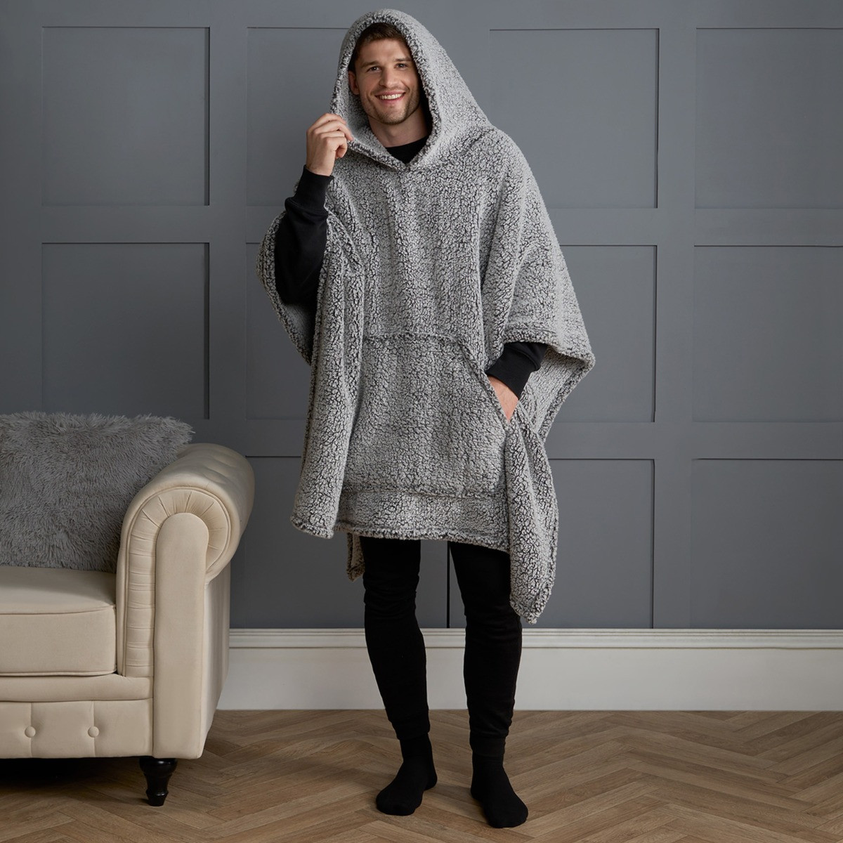 OHS Adults Teddy Marl Poncho - Charcoal >