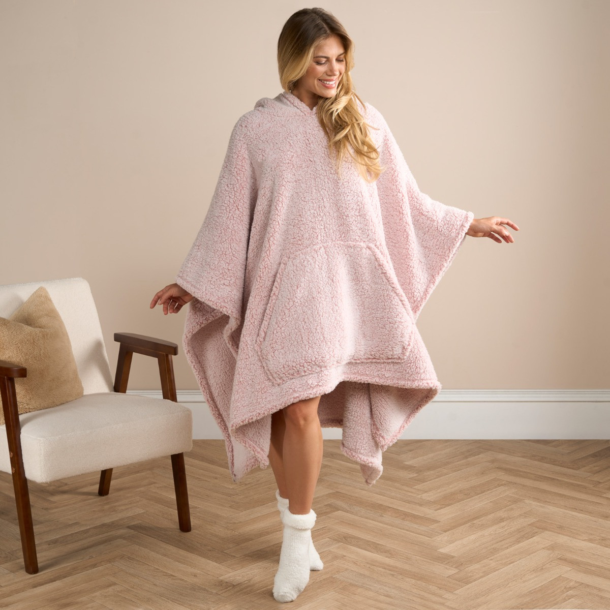 OHS Adults Teddy Marl Poncho - Blush>