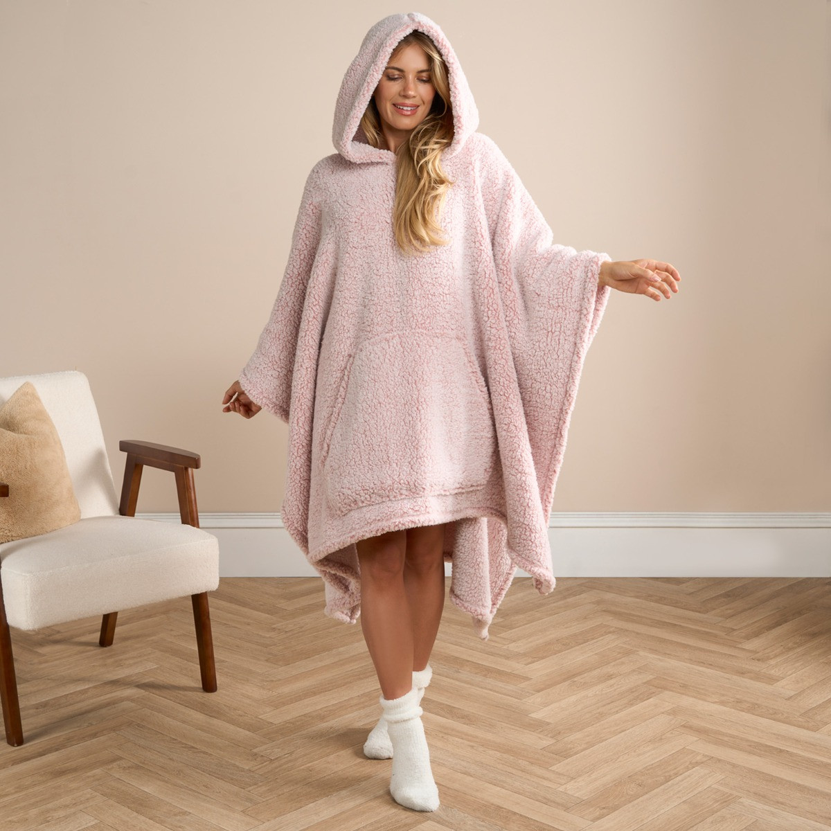 OHS Adults Teddy Marl Poncho - Blush>