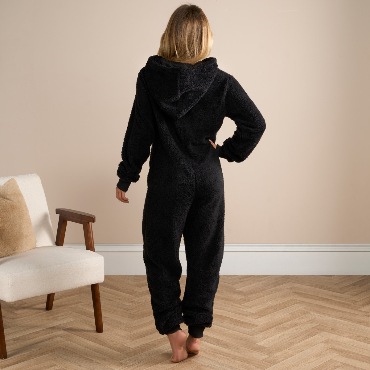 OHS Medium Teddy Fleece Onesie, Adults- Black>