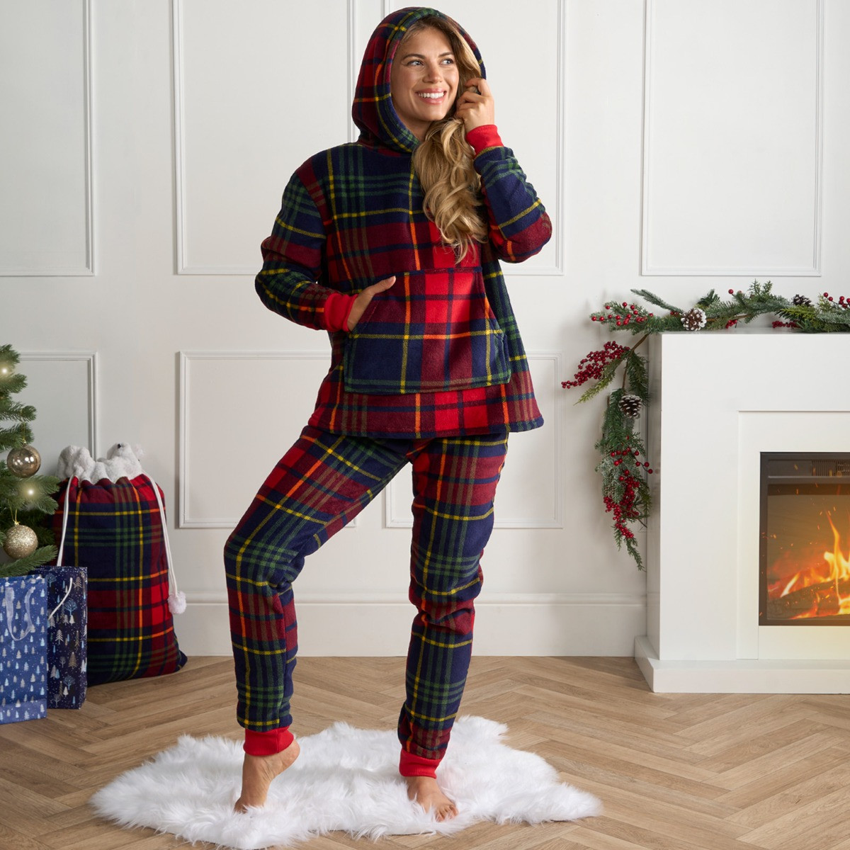 OHS Adults Oxford Check Fleece Hoodie Pyjama Set - Navy/Red>