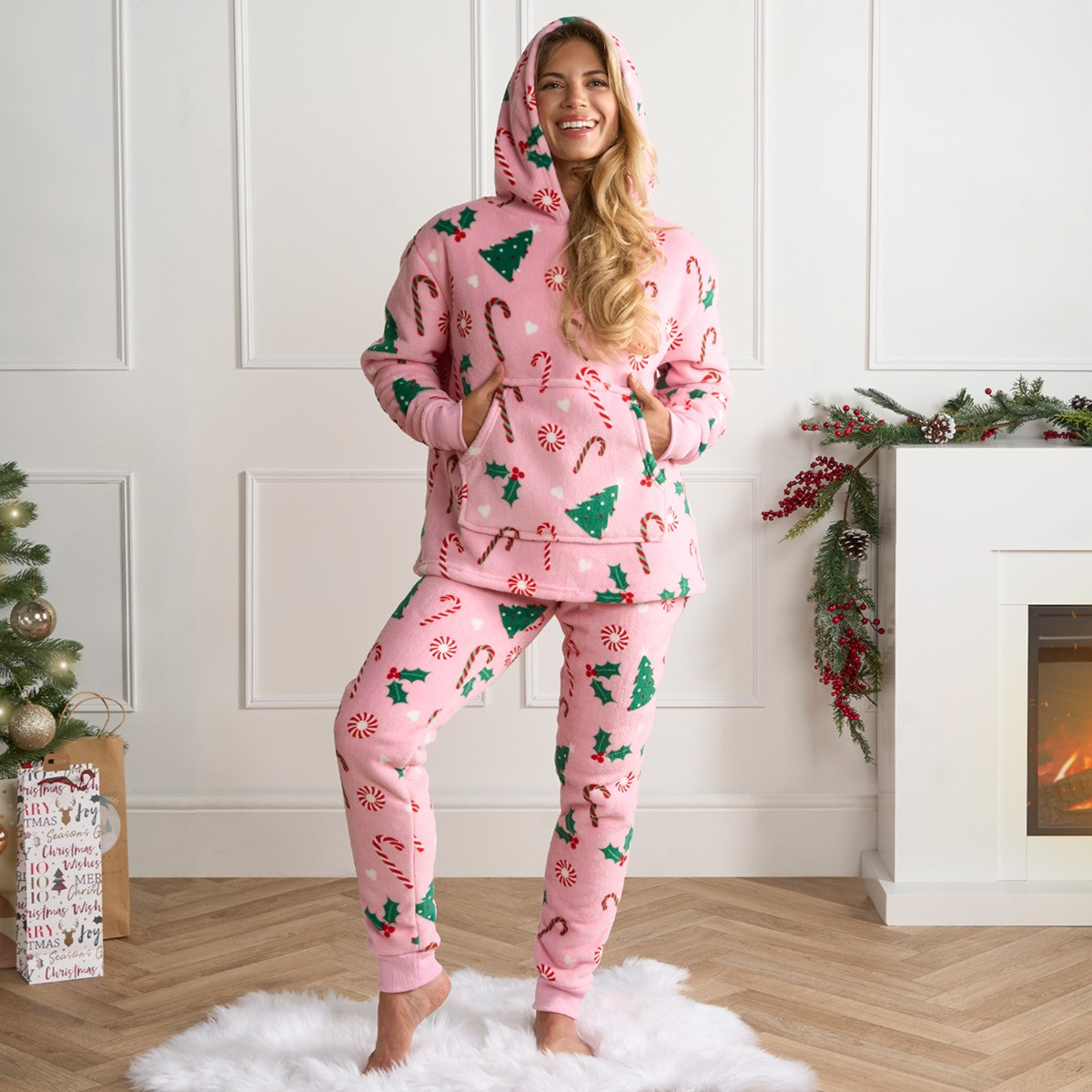 OHS Adults Christmas Candy Cane Fleece Hoodie Pyjama Set - Pink>