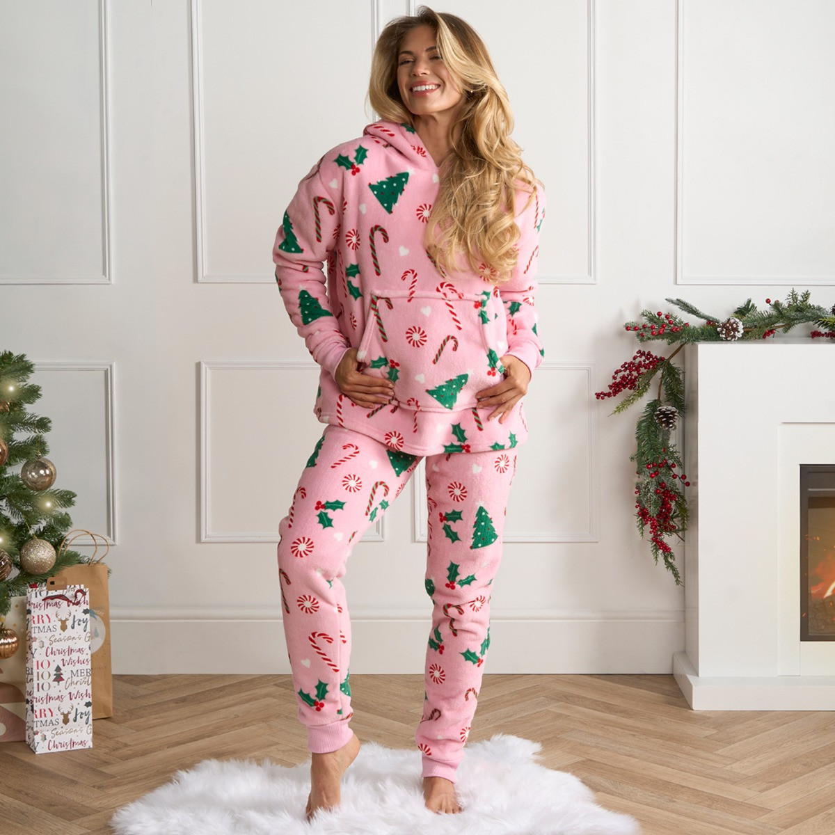 OHS Adults Christmas Candy Cane Fleece Hoodie Pyjama Set - Pink>