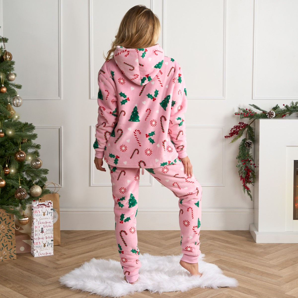 OHS Adults Christmas Candy Cane Fleece Hoodie Pyjama Set - Pink>