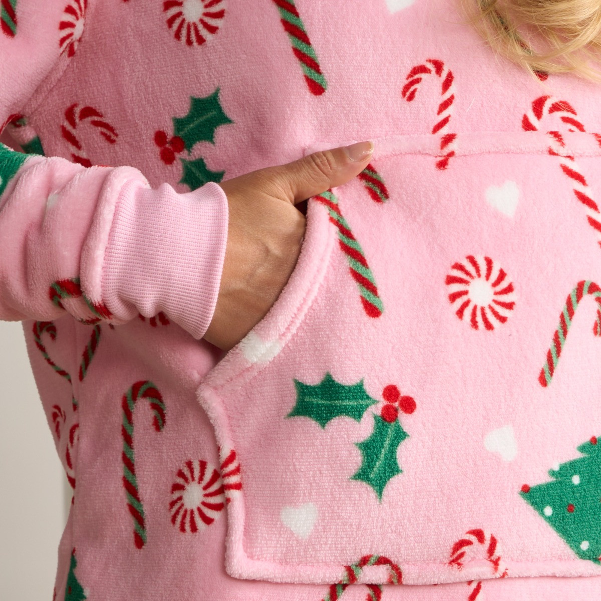 OHS Adults Christmas Candy Cane Fleece Hoodie Pyjama Set - Pink>