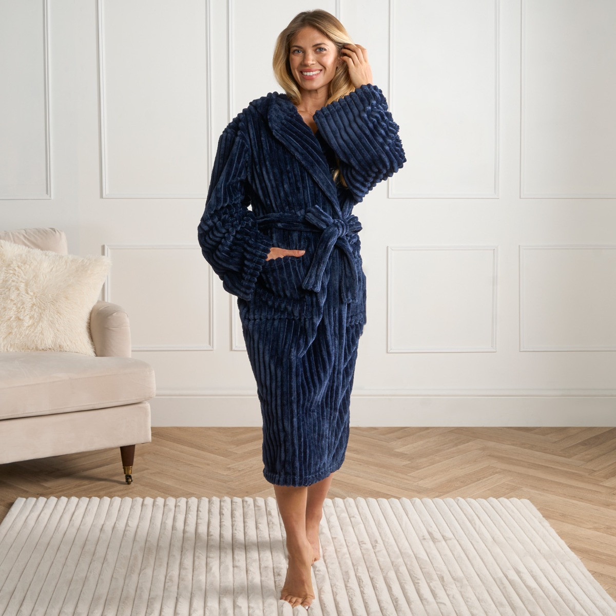 OHS Ribbed Fleece Dressing Gown, Adults - Navy>