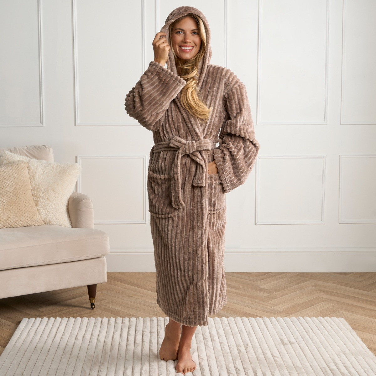 OHS Ribbed Fleece Dressing Gown Adults Mink Brown