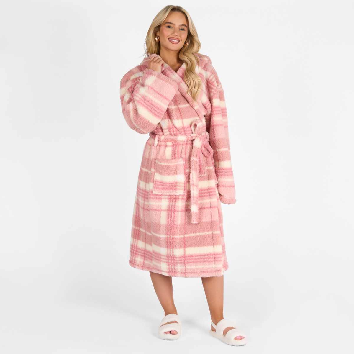 OHS Tartan Check Print Teddy Dressing Gown, Adults - Blush >