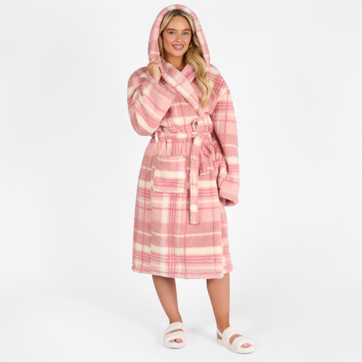 OHS Tartan Check Print Teddy Dressing Gown, Adults - Blush >