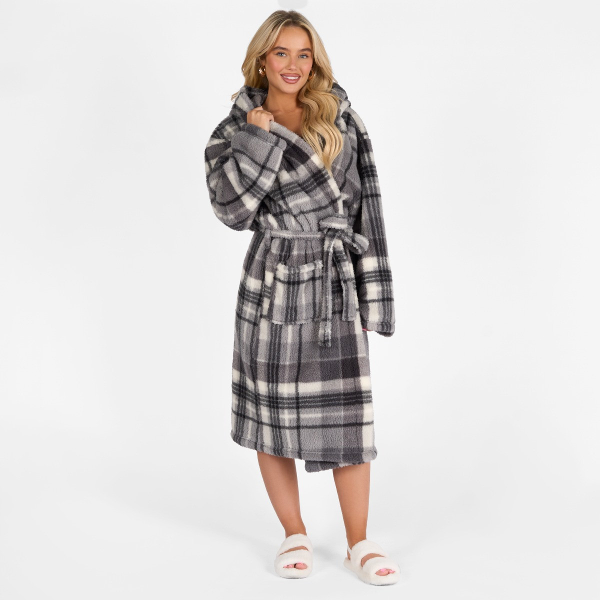 OHS Tartan Check Print Teddy Dressing Gown, Adults - Charcoal>