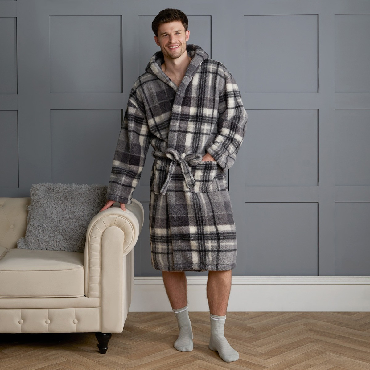 OHS Tartan Check Print Teddy Dressing Gown, Adults - Charcoal>