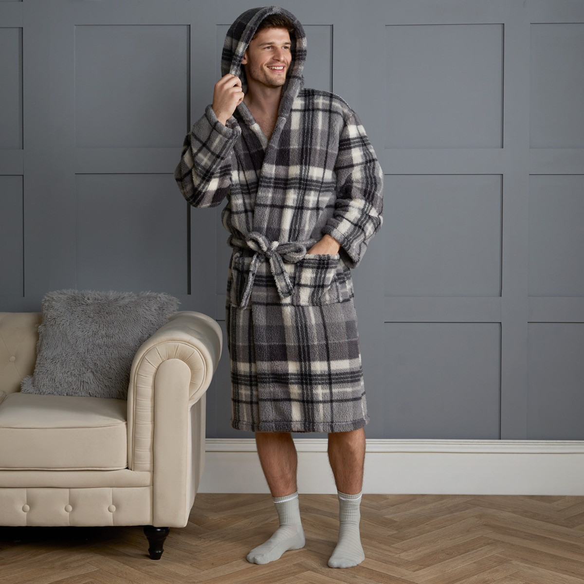 OHS Tartan Check Print Teddy Dressing Gown, Adults - Charcoal>