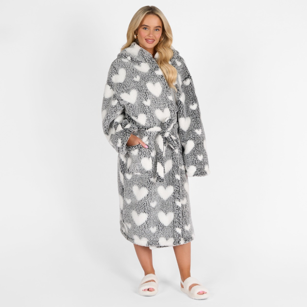 OHS Heart Print Teddy Marl Dressing Gown, Adults - Black >