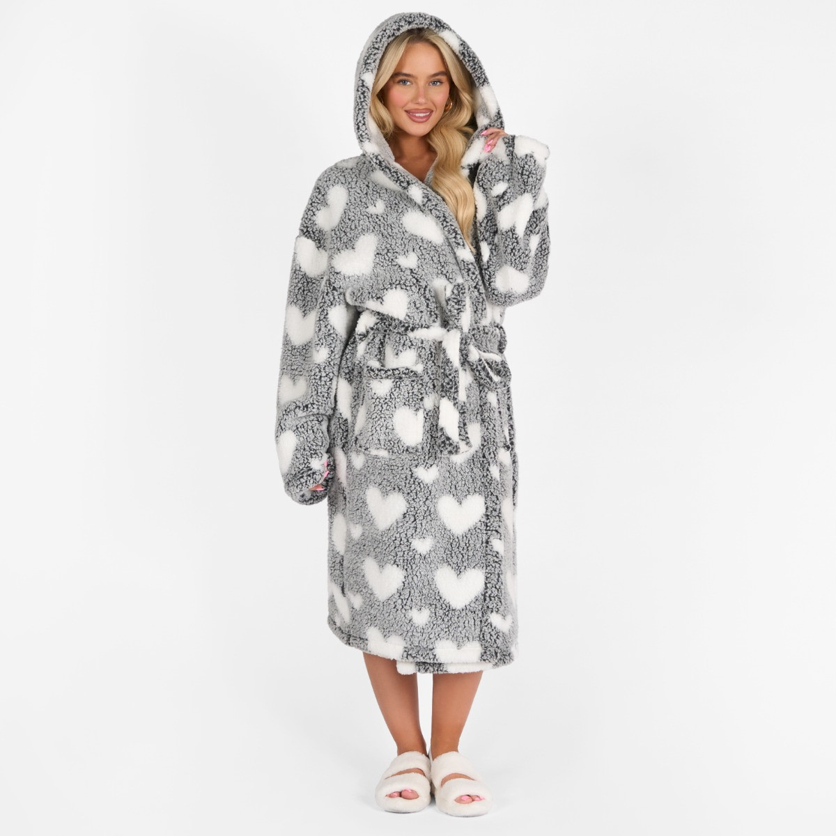 OHS Heart Print Teddy Marl Dressing Gown, Adults - Black >