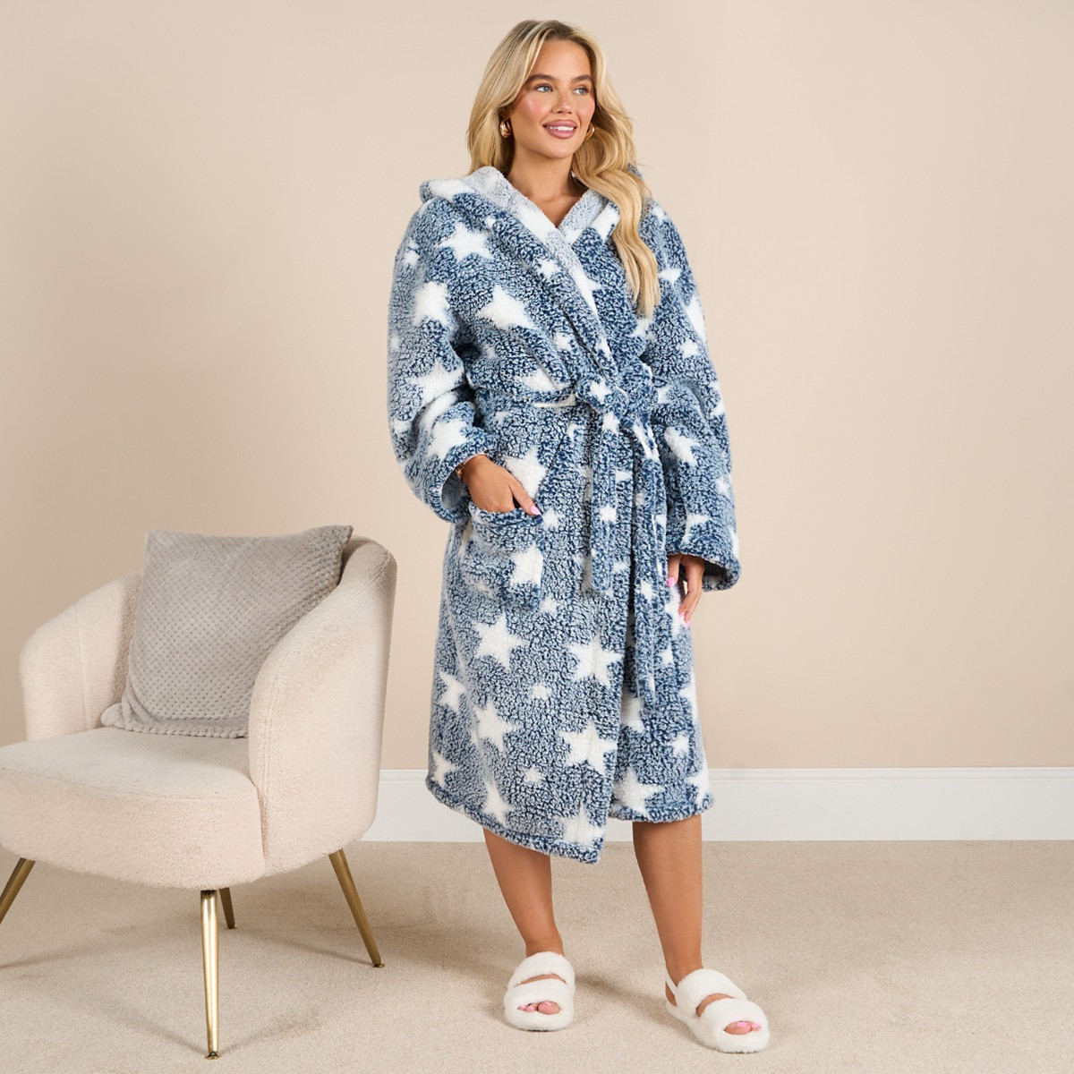 OHS Star Print Teddy Marl Dressing Gown, Adults - Navy>