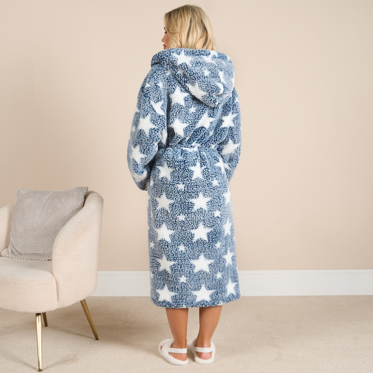 OHS Star Print Teddy Marl Dressing Gown, Adults - Navy>