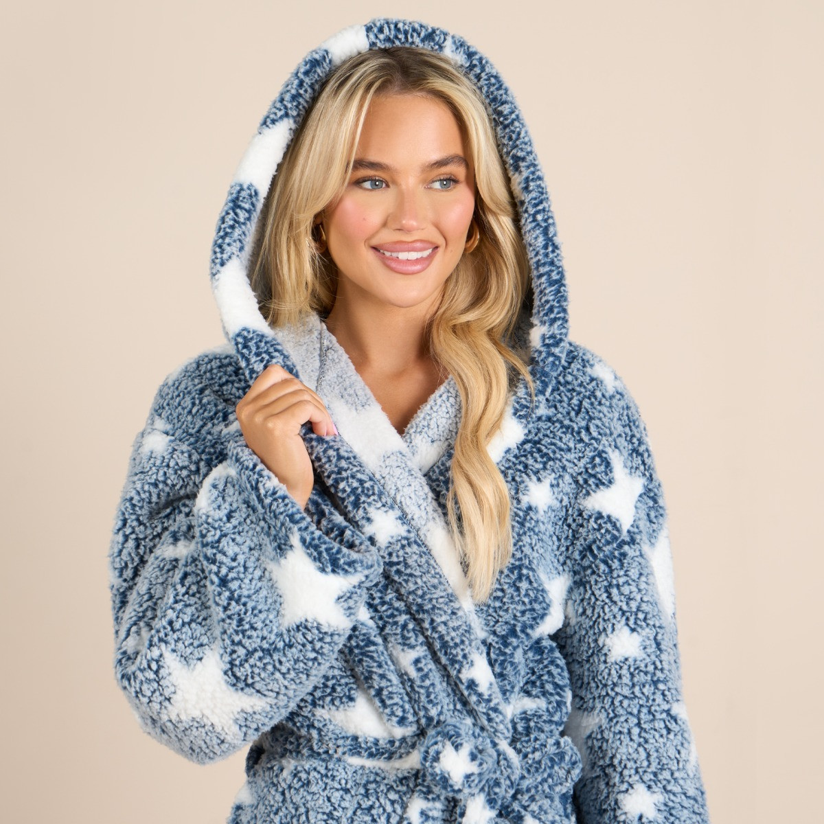 OHS Star Print Teddy Marl Dressing Gown, Adults - Navy>