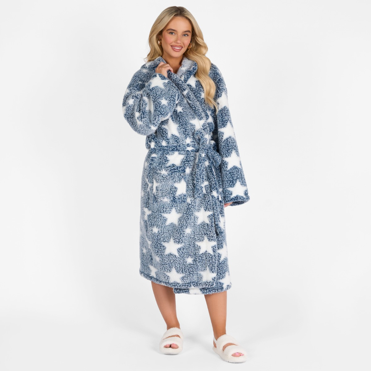 OHS Star Print Teddy Marl Dressing Gown, Adults - Navy>