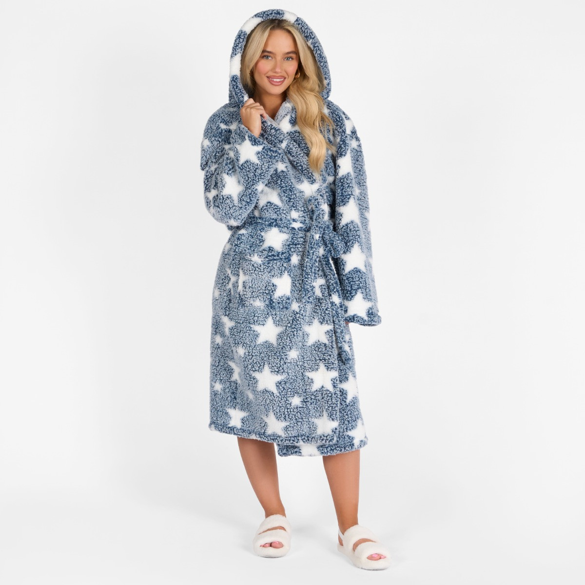 OHS Star Print Teddy Marl Dressing Gown, Adults - Navy>