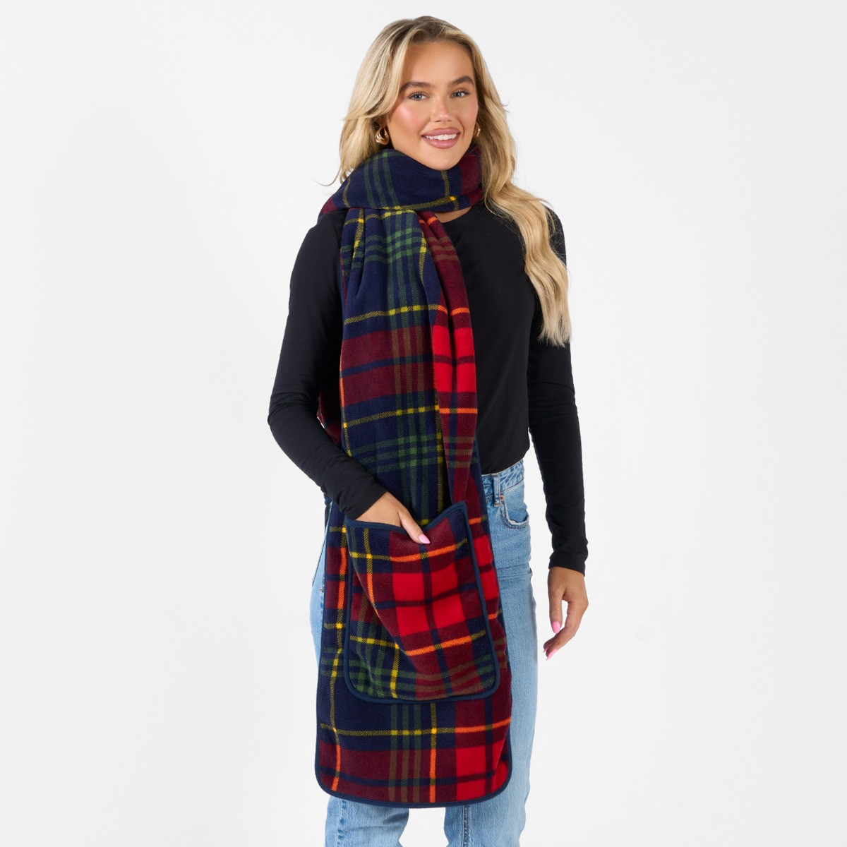 OHS Oxford Check Fleece Pocket Scarf - Navy/Red>