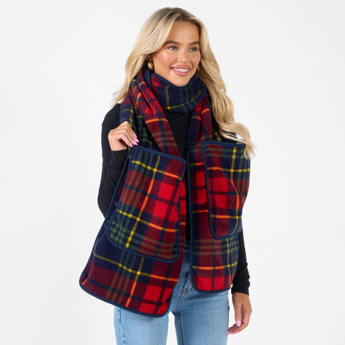 OHS Oxford Check Fleece Pocket Scarf - Navy/Red>