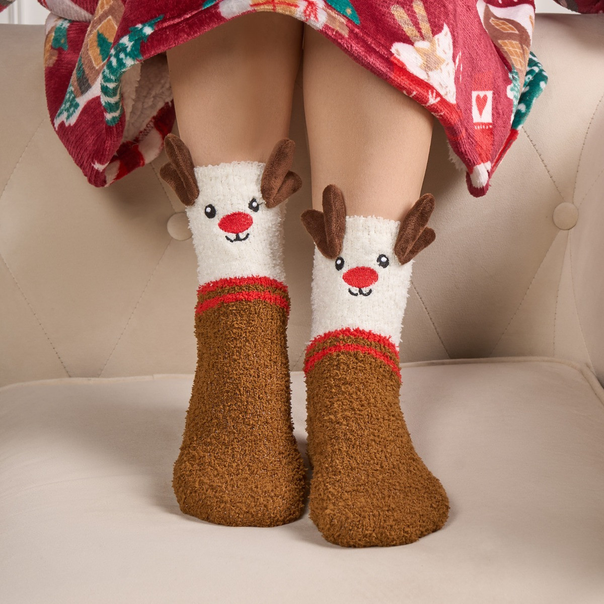 OHS 3 Pack Fluffy Fleece Christmas Novelty Socks - Multi>