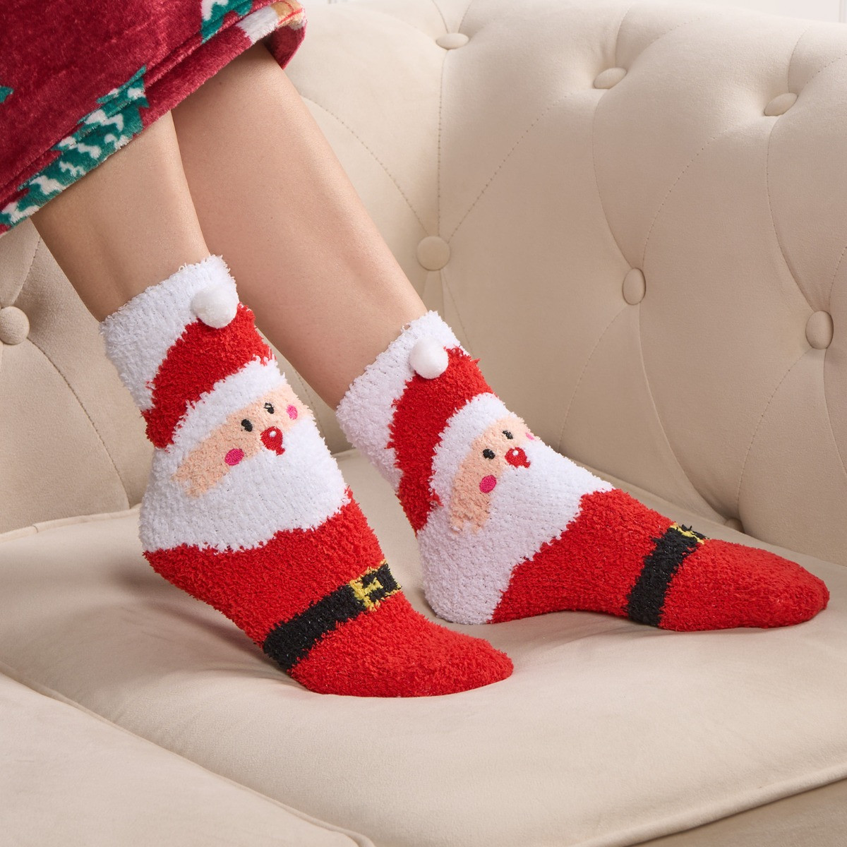 OHS 3 Pack Fluffy Fleece Christmas Novelty Socks - Multi>