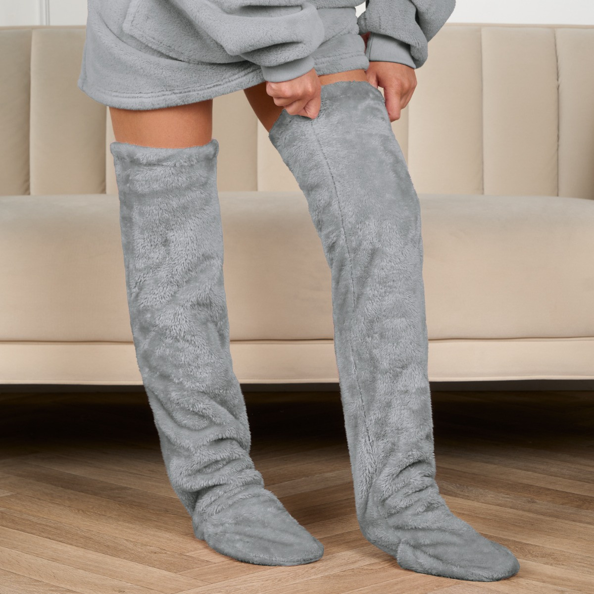 OHS Over The Knee Teddy Slipper Socks - Grey>