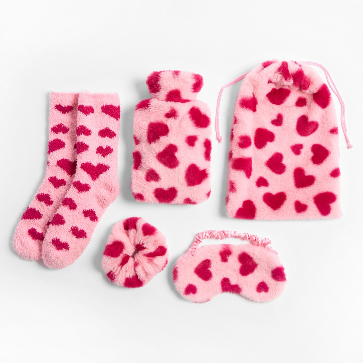 OHS Heart Print Cosy Hot Water Bottle Gift Set - Pink >