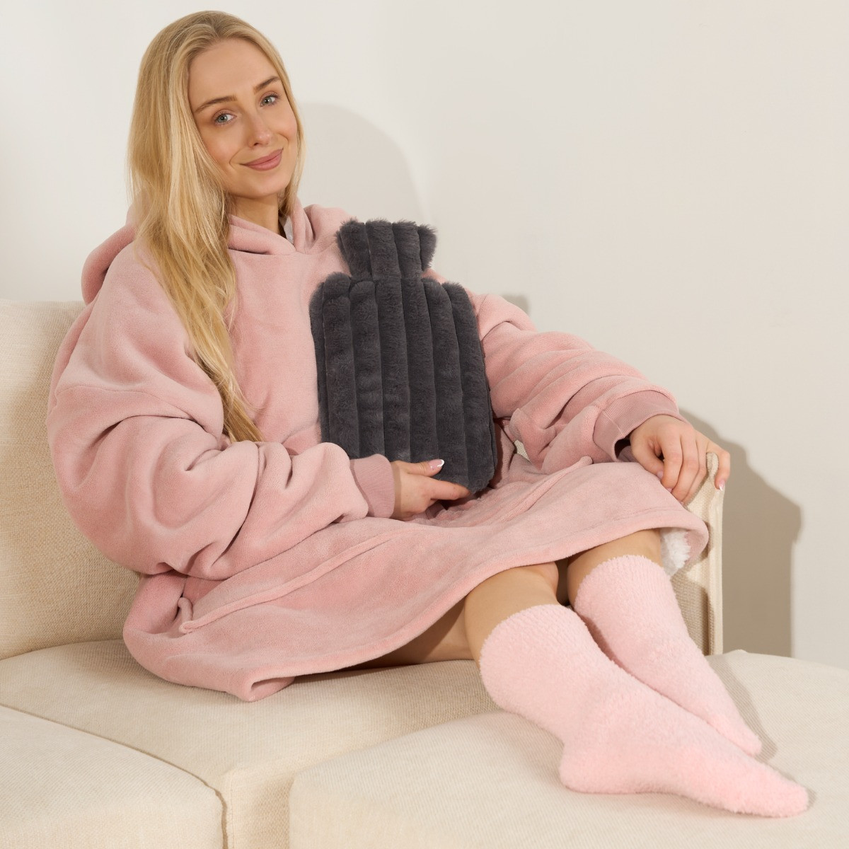 OHS Faux Fur Bubble Rib Hot Water Bottle - Charcoal >